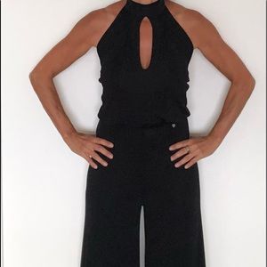 Black shinny jumpsuit, wide leg, halter top, S